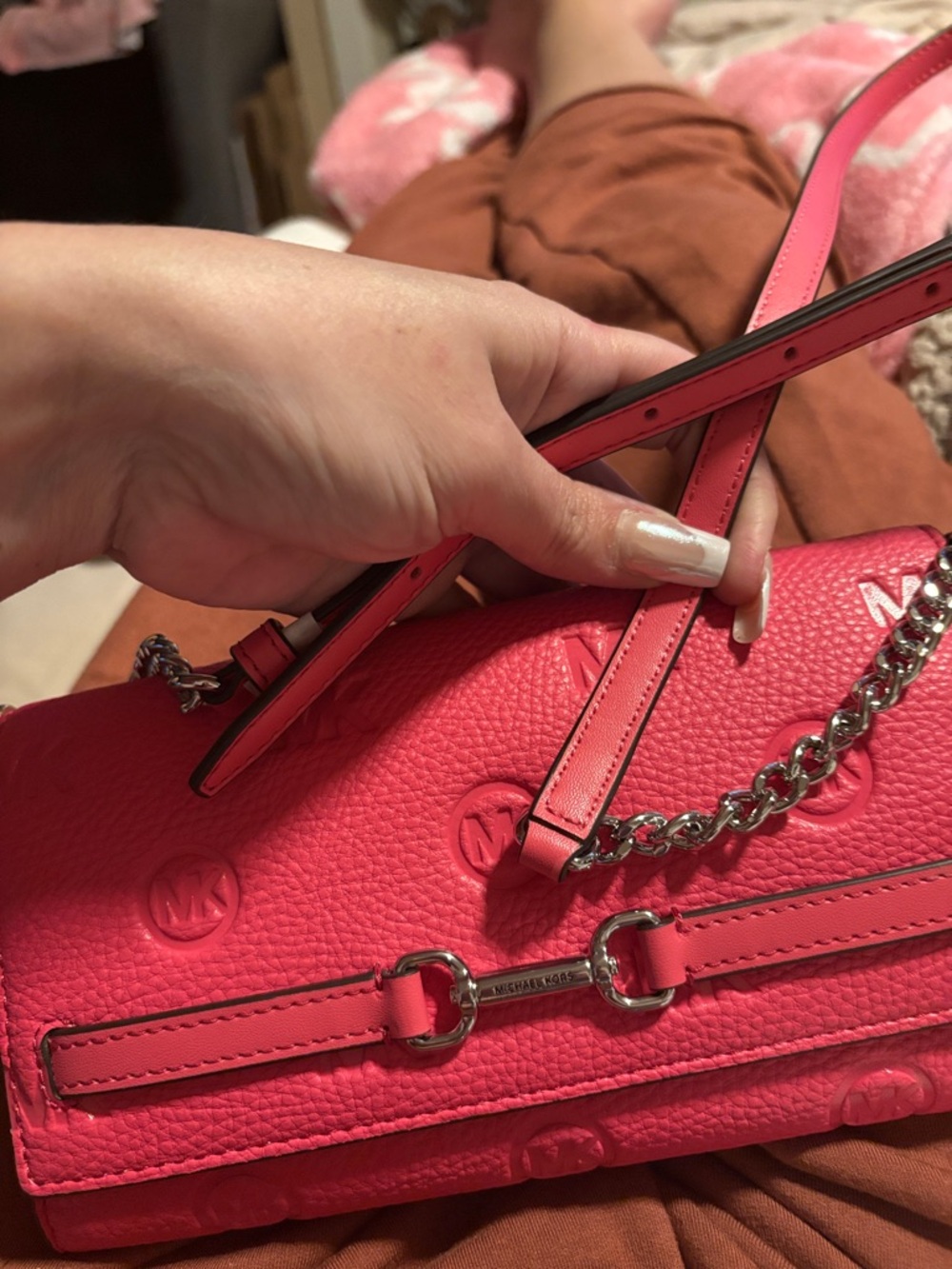 Michael Kors Hibiscus 🌺 Pink Embossed MK Leather Clutch with Silver Hardware ✔️📸 - Picture 14 of 16